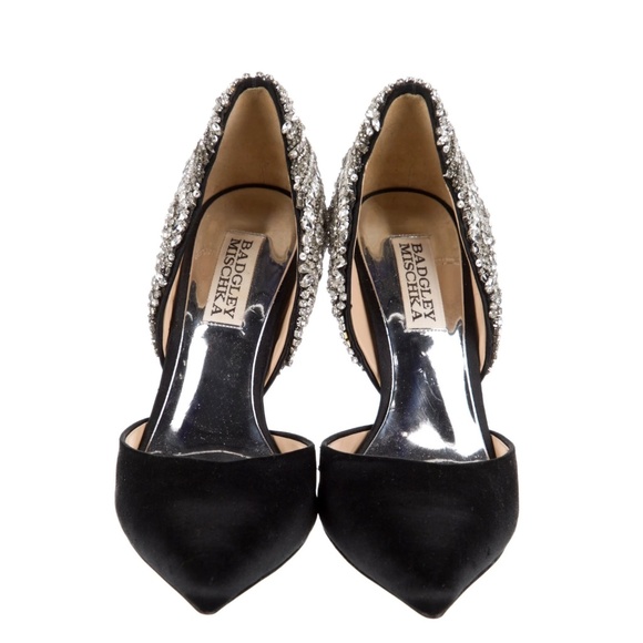 Badgley Mischka Volare Black Satin Crystal Embellished Stiletto Heels US5.5 - Picture 5 of 13